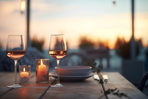 Dos copas de vino sonando sobre una mesa de cena al anochecer