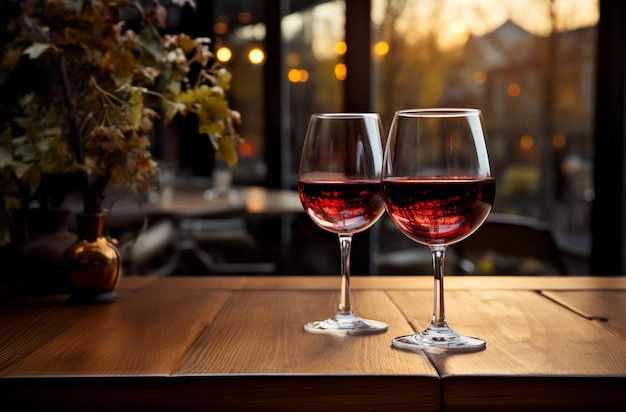 Dos copas de vino tinto en una mesa de madera en un restaurante IA generativa