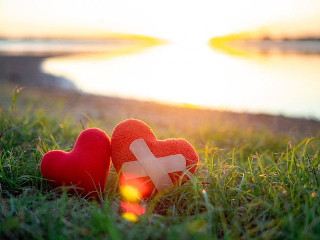 Dos corazones al lado del lago en fondo del cielo de la puesta del sol.