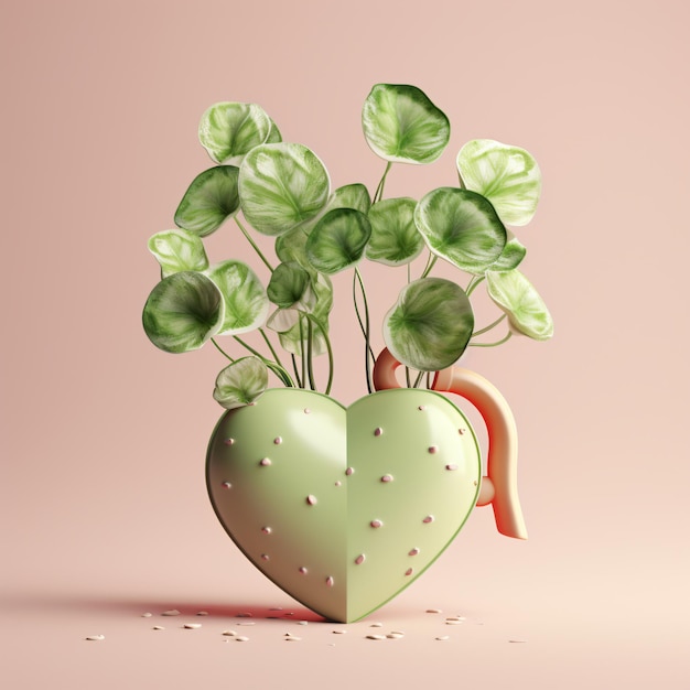 Dos corazones amorosos creciendo en una planta jarrón 3d render