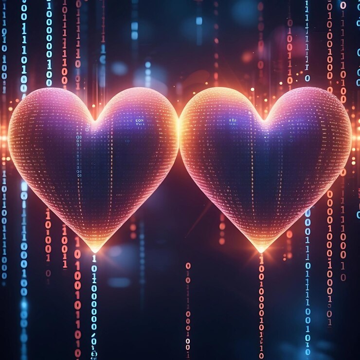 Foto dos corazones brillantes conectados por una corriente de código binario que simboliza el romance digital