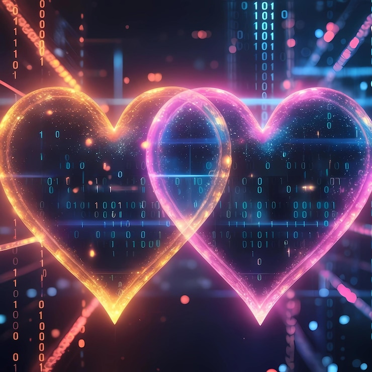 Foto dos corazones brillantes conectados por una corriente de código binario que simboliza el romance digital