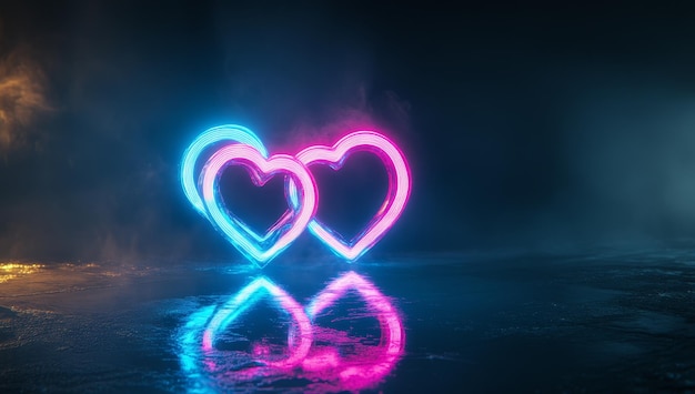 Dos corazones brillantes en vibrantes colores de neón reflejados en una superficie oscura con humo