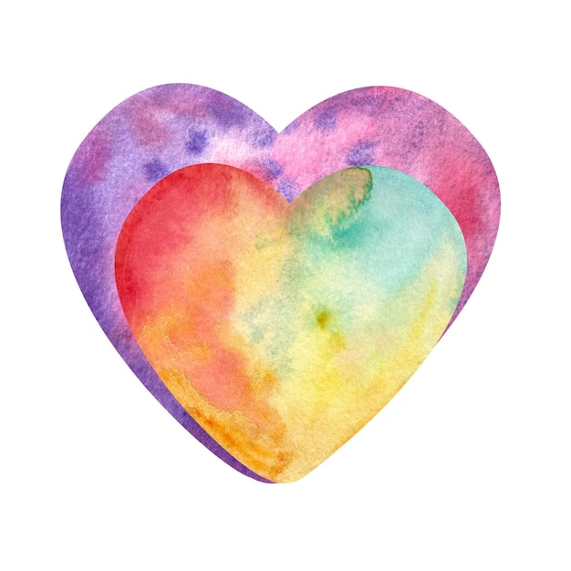 Dos corazones coloridos grandes y pequeños uno detrás del otro aislados en blanco acuarela pintada a mano