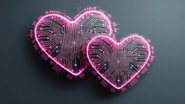 Dos corazones decorativos cibernéticos que brillan intensamente en el arte generado por la red neuronal de fondo gris