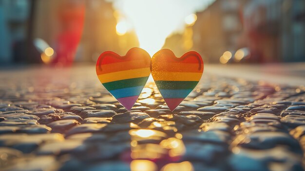 Dos corazones en forma de arco iris en una calle generativa ai