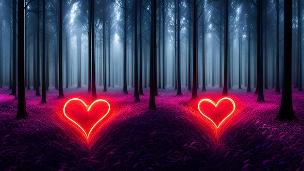 dos corazones de neón en medio de un bosque oscuro