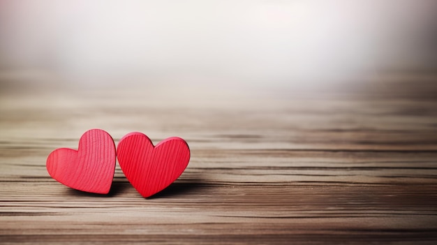 Foto dos corazones rojos sentados mesa de madera recursos fondo bípedo profundidad borroso largo abstracto naves grises