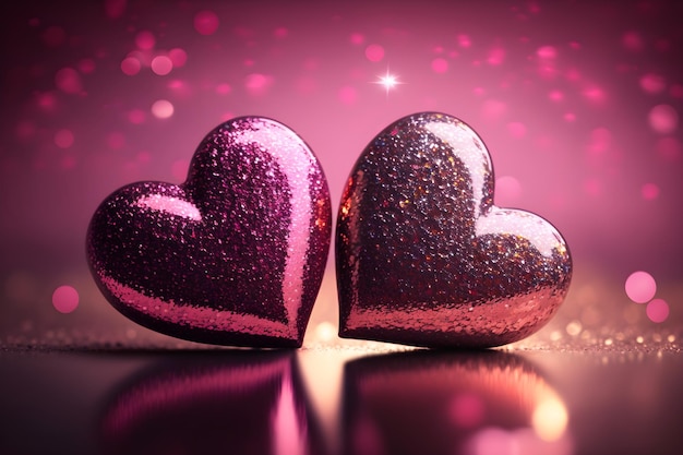 Dos corazones rosados en fondo bokeh