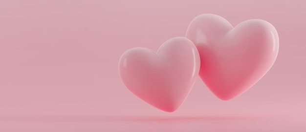 Dos corazones rosas aislados sobre fondo rosa. Bandera del día de San Valentín con corazones. renderizado 3d