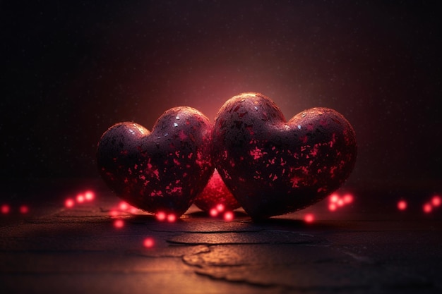 Dos corazones sobre un fondo oscuro con luces de fondo