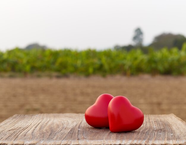 Dos corazones en una tabla de madera