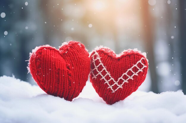 Dos corazones de tejido rojo en la nieve fondo del día de San Valentín