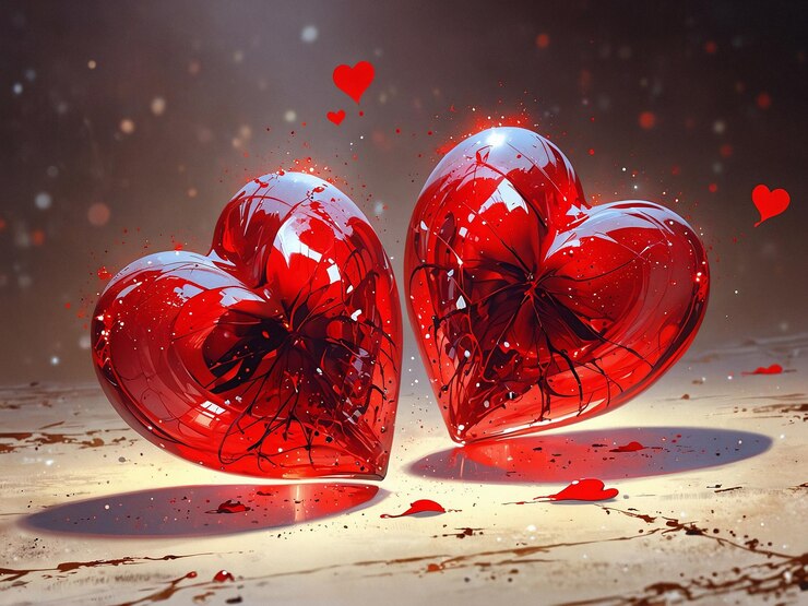 dos corazones de vidrio rojo en un fondo borroso