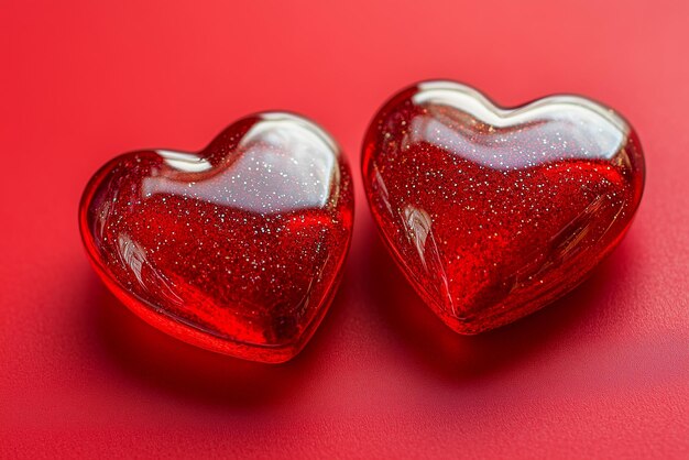 Dos corazones de vidrio rojo