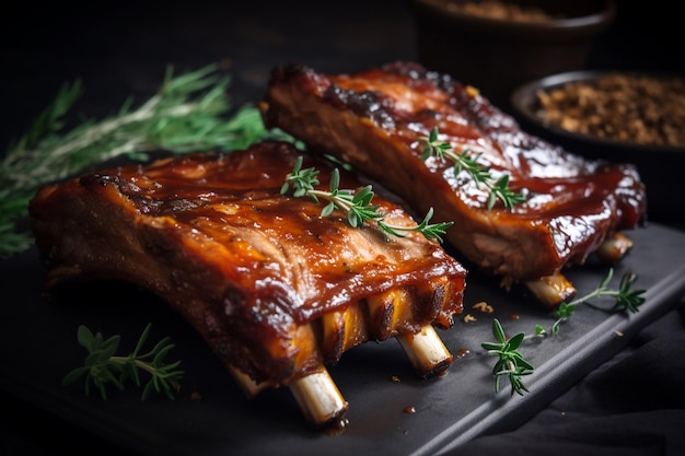 Dos costillas en un plato negro con una ramita de romero al lado.