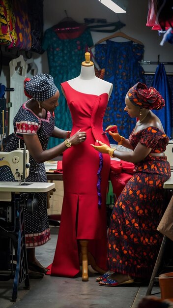 Foto dos costureras africanas diseñaron un nuevo vestido rojo en un maniquí en la oficina de sastre costurera negra