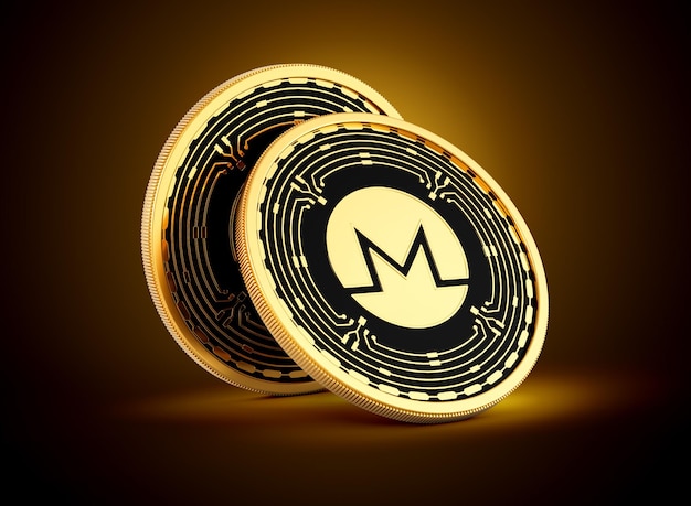 Dos criptomonedas redondeadas doradas y negras Monero XMR en fondo de brillo dorado Ilustración 3D