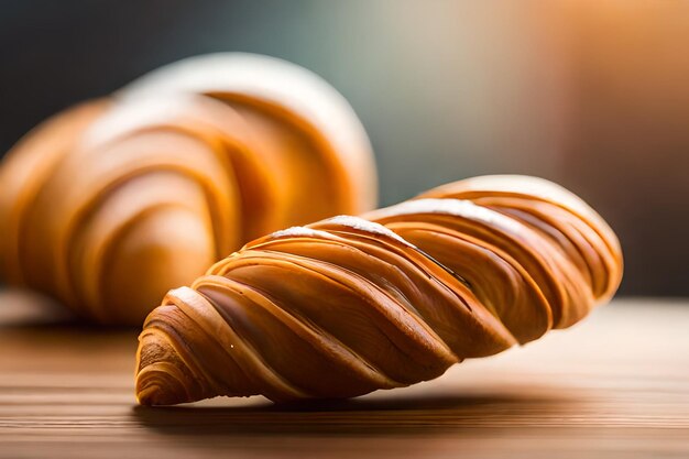 Dos croissants en una mesa de madera con un fondo oscuro