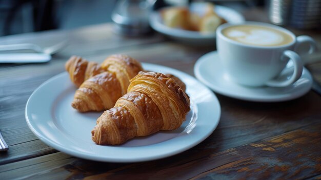 Dos croissants en un plato junto a una taza de café