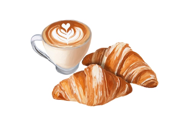 Dos croissants y una taza de café con leche pintura acrílica