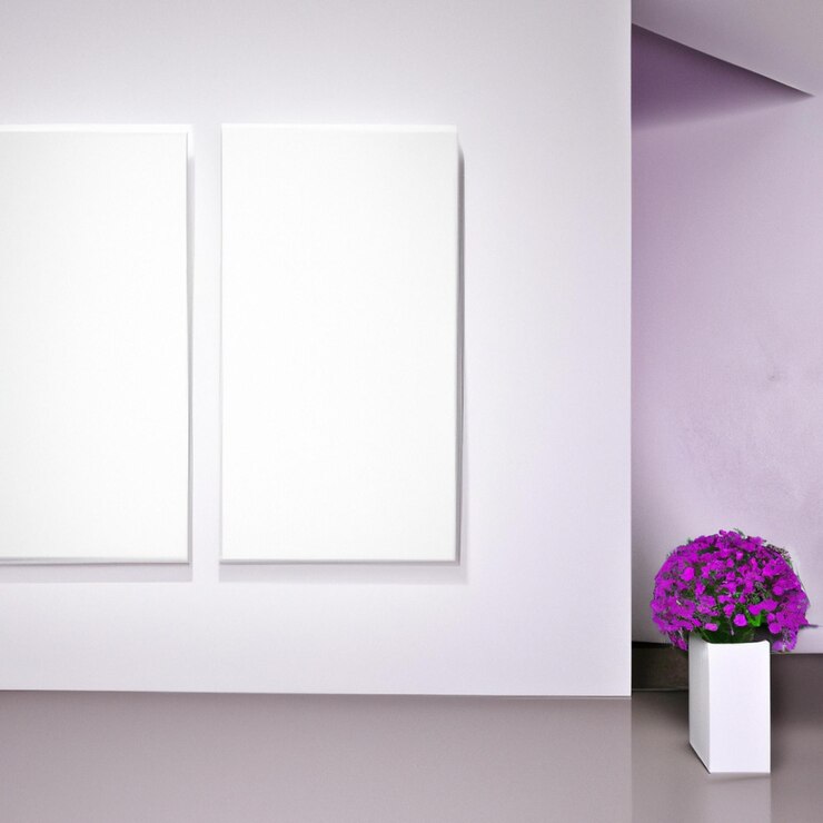 Dos cuadros blancos sobre una pared morada con un jarrón de flores en la esquina