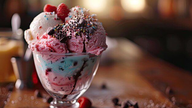 Dos cucharadas de helado con frambuesas y chispas de chocolate