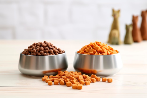 Foto dos cuencos de alimento para mascotas en una superficie de madera que sugieren una elección para la hora de la comida