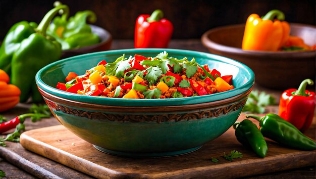 Dos cuencos de comida con pimientos frescos en la mesa