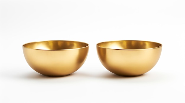 dos cuencos de oro sentados uno al lado del otro en una superficie blanca