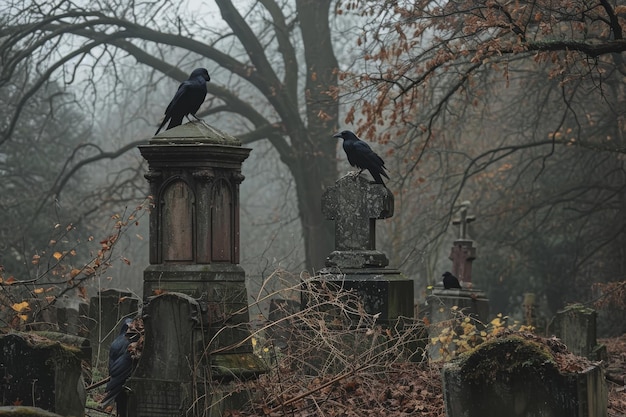 Dos cuervos sentados sobre lápidas en un cementerio observando su entorno Un cementerio abandonado con cuervos posados en lápidas AI generado