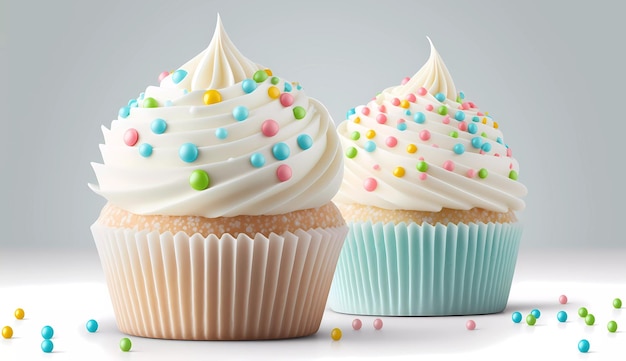 Dos cupcakes con glaseado blanco y glaseado azul con chispas de colores.