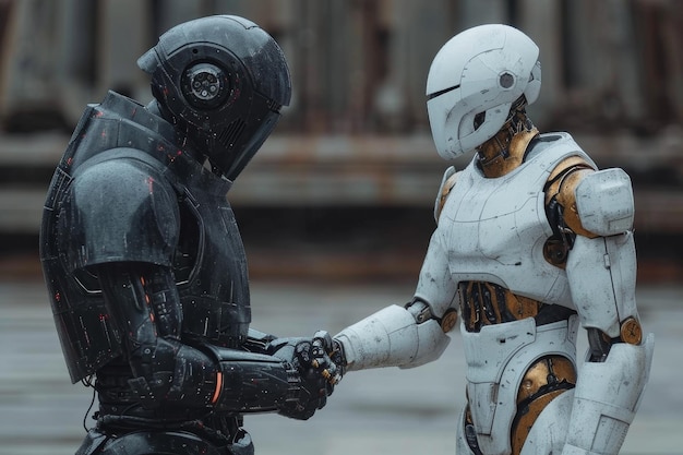 Dos cyborgs se paran de perfil uno frente al otro