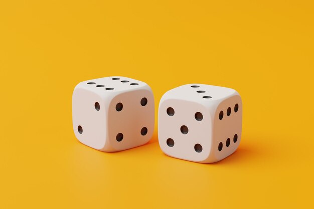 Dos dados de juego blancos sobre un fondo amarillo Dados afortunados Juegos de mesa Apuestas de dinero Representación 3D