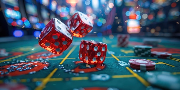 Dos dados rojos rodando en una mesa de casino rodeados de fichas de póquer capturando la emoción y la oportunidad de jugar