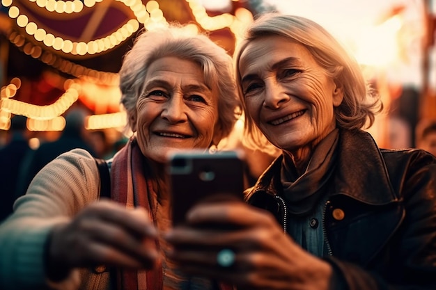 Dos damas mayores maduras mujeres tomando selfies en la feria de diversión jubilación 5039s edad