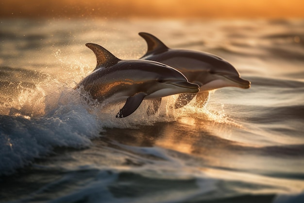 Dos delfines en el agua con la puesta de sol detrás de ellos