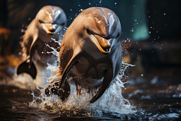 Dos delfines chapoteando en el agua