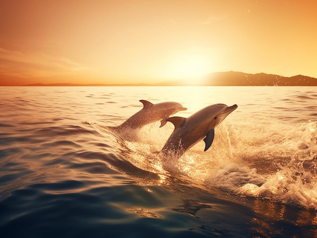 Dos delfines están en el agua al atardecer.