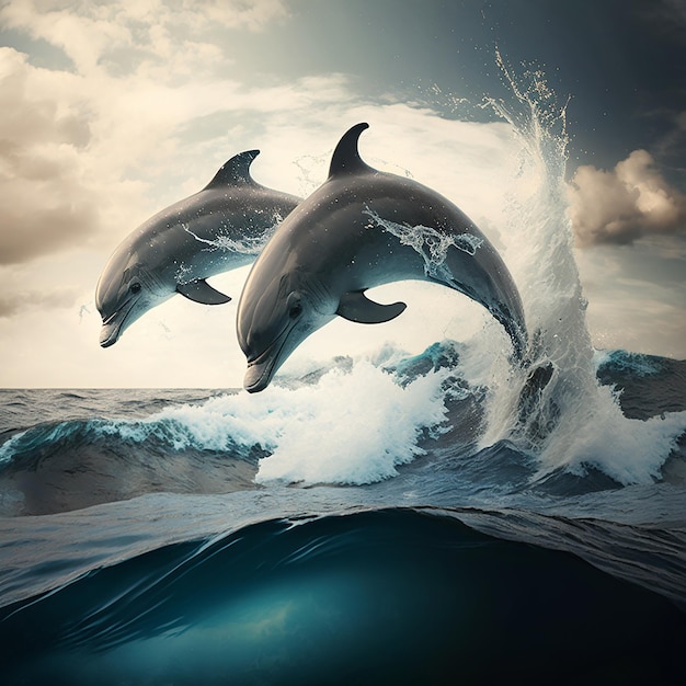 Dos delfines están saltando fuera del agua.