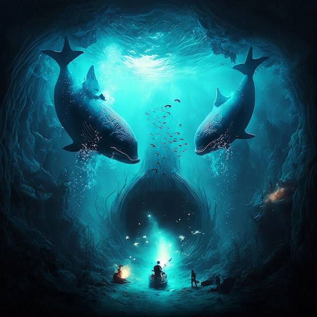 Dos delfines guardianes mágicos en el mundo submarino.