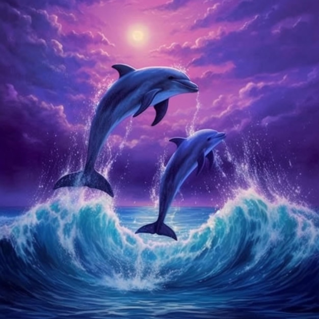 Foto dos delfines saltando del océano al atardecer generativo ai