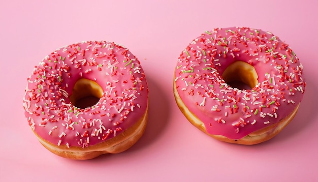 Dos deliciosos donuts de fresa con chispitas aislados sobre un fondo rosa