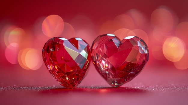 Dos diamantes en forma de corazón brillando sobre un fondo rojo vibrante concepto romántico