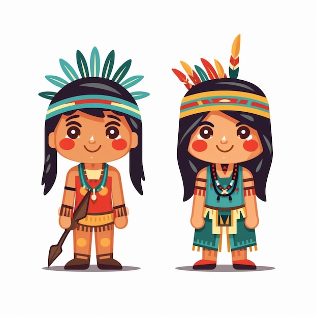 dos dibujos animados de nativos americanos con ropa tradicional ai generativa