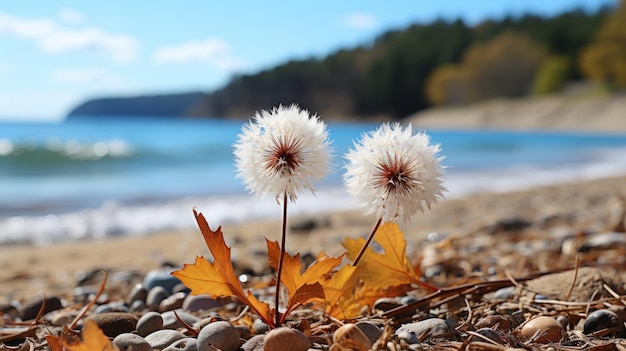 Dos diente de león blancos y esponjosos crecen en una playa rocosa con coloridas hojas de otoño en primer plano y el agua azul del lago Michigan en el fondo