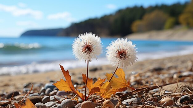 Dos diente de león blancos y esponjosos en una playa de guijarros con un fondo borroso de lago azul y árboles