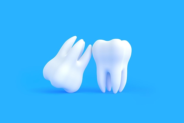 Dos dientes blancos sobre un fondo azul Concepto de examen dental dientes salud dental renderización en 3D