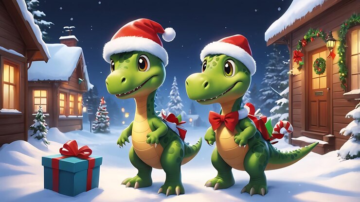 dos dinosaurios dinosaurios con sombreros de Papá Noel en el