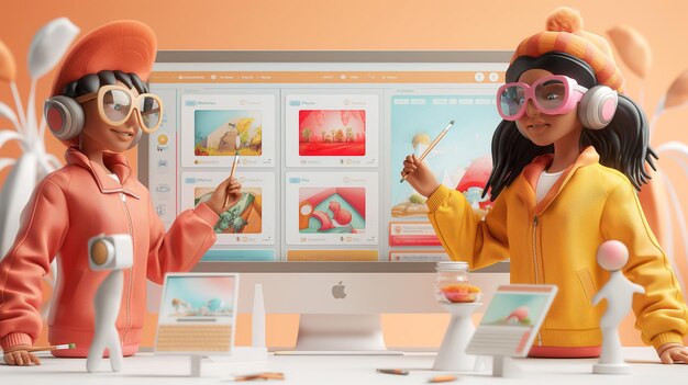 Dos diseñadores con auriculares y gafas trabajando con una computadora de escritorio en un estudio moderno con un entorno creativo y colorido